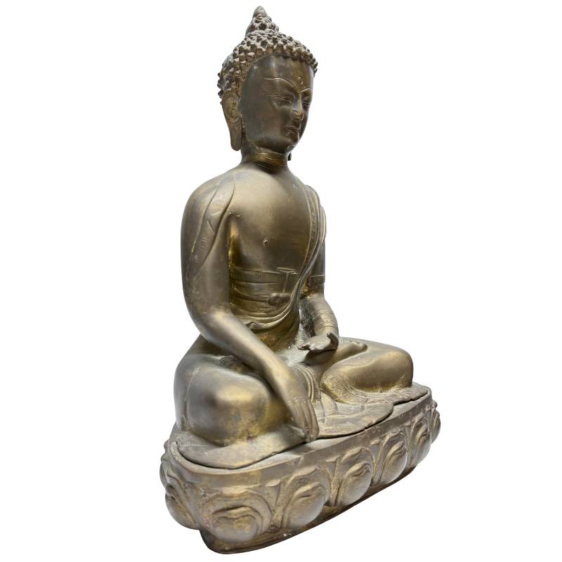 Großes Himalaya Meditationsbildnis, feuervergoldeter Bronze-Buddha, 18./19. Jahrhundert, Lot 453, Bhumisparsha Mudra, 38 cm hoch, 4,6 kg, authentische Patina, Newar-Stil aus Nepal, 1stbuddha Expertise.