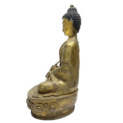 Antike Buddha-Statue aus vergoldeter Bronze, Lot 459, 33,5 cm, 3,4 kg, rituelles Devotional-Objekt mit originaler Gesichtsbemalung und Heilungsgefäß, Himalaya-Region, 1stbuddha.