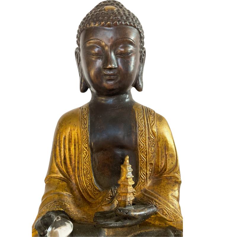 Himalaya Buddha aus Bronze mit Stupa und Kristall Kombination