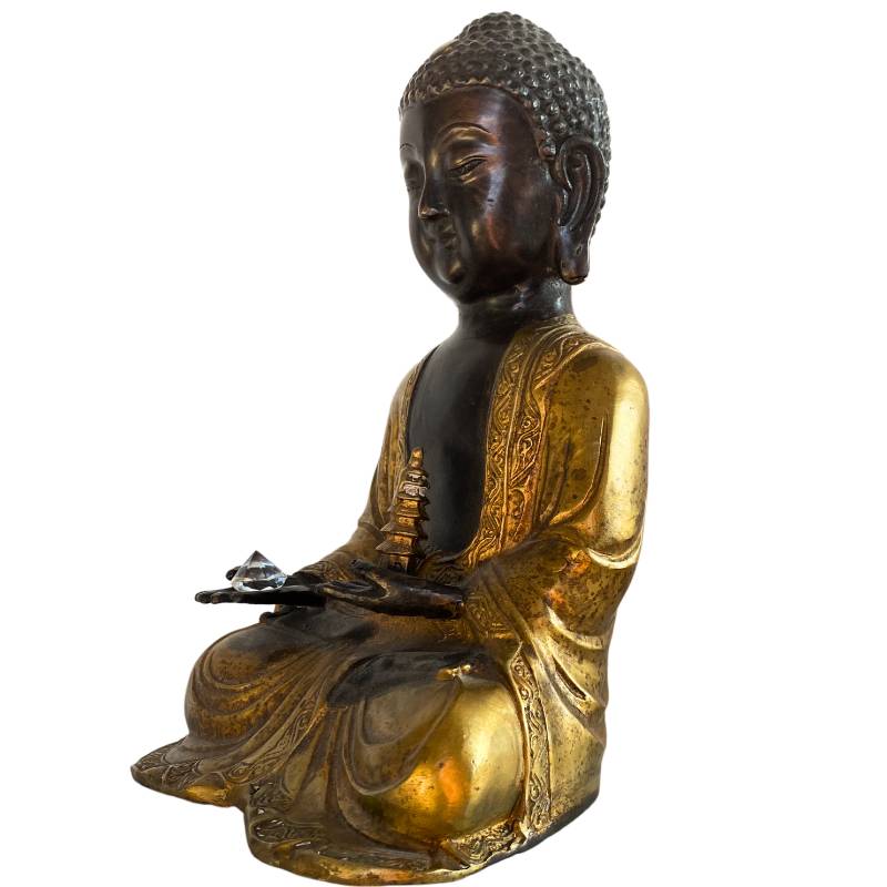 Himalaya Buddha Bronze mit Vergoldung und Stupa Detail in Meditationshaltung
