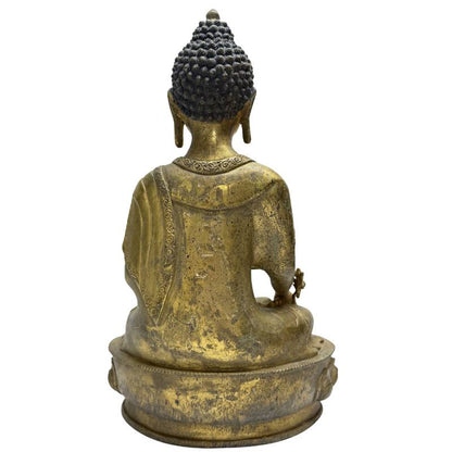 Prachtvoller Himalaya Buddha aus feuervergoldeter Bronze, Lot 459, 33,5 cm hoch, 3,4 kg schwer, mit originaler Gesichtsbemalung und Heilungsgefäß, antikes Sammlerstück, 1stbuddha.