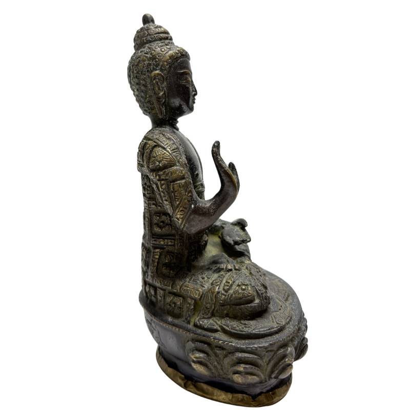 Seltenes Paar Himalaya-Buddhas aus feuervergoldeter Bronze, Lot 457, frühes 20. Jahrhundert, Abhaya Mudra, 18,5 cm hoch, schwere Bronze (3,2 kg Set) aus den Patan-Ateliers, 1stbuddha.