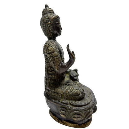 Seltenes Paar Himalaya-Buddhas aus feuervergoldeter Bronze, Lot 457, frühes 20. Jahrhundert, Abhaya Mudra, 18,5 cm hoch, schwere Bronze (3,2 kg Set) aus den Patan-Ateliers, 1stbuddha.