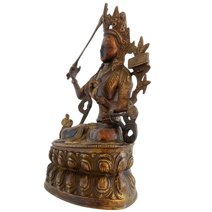 Manjushri-Statue aus der Himalaya-Region, Bronze-Guss mit Restvergoldung und feinen Ziselierungen
