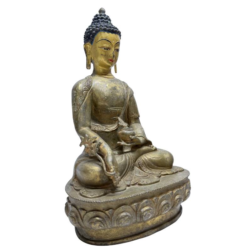 Antiker Medizin-Buddha auf doppeltem Lotusthron, Lot 459, 33,5 cm hohe Bronze, 3,4 kg, Reste von Feuervergoldung und originaler Gesichtsbemalung, traditionelle Himalaya-Handwerkskunst, 1stbuddha.