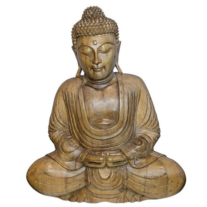 handgeschnitzte buddhaskulptur aus tropischem holz sitzend