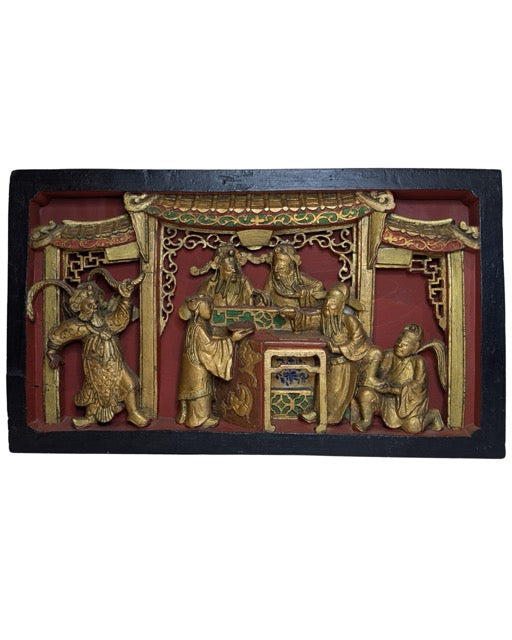 Holzrelief China vergoldet Hofszene Wandpanel