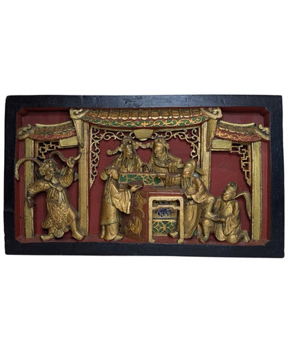 Holzrelief China vergoldet Hofszene Wandpanel