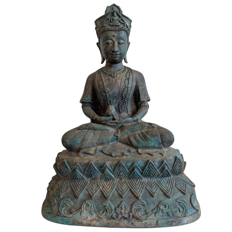 Antike Khmer-Bronze des Bodhisattva Avalokiteshvara mit ritueller Kundika und Buddha-Krone, massive Ausführung, Gewicht 6,8 kg, Lot 150.