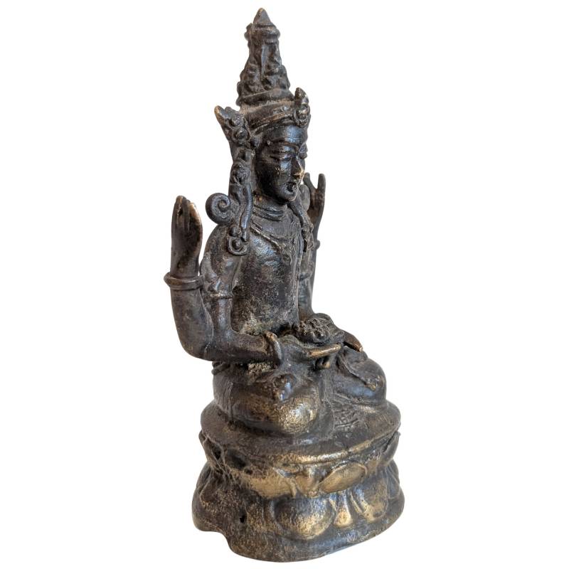 Antike Khmer-Bronze-Statue des Avalokiteshvara (Lokeshvara), kompaktes Reisebildnis mit authentischer dunkler Patina und weichen Konturen durch rituellen Gebrauch, Lot 147.