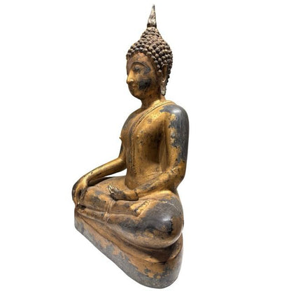 Klassische thailändische Buddha-Statue aus massiver Bronze, monumentale 59 cm Höhe, 18,4 kg schwer, mit Resten von Blattgold
