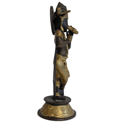 Krishna Bronze Figur Vergoldung Reste Patina
