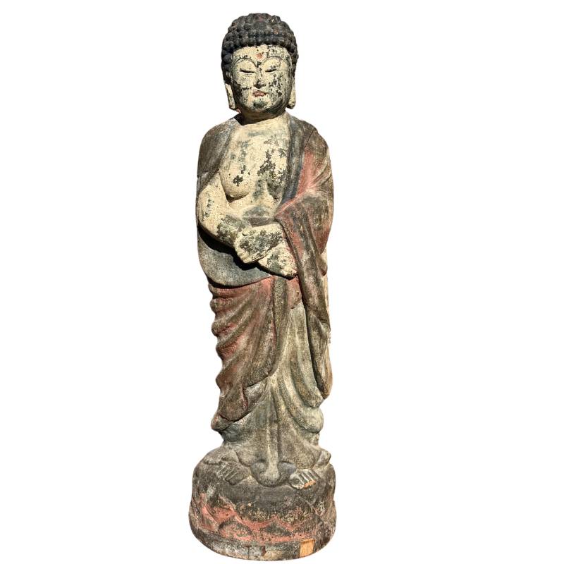 Kwan Yin Holzskulptur aus China mit polychromer Oberfläche
