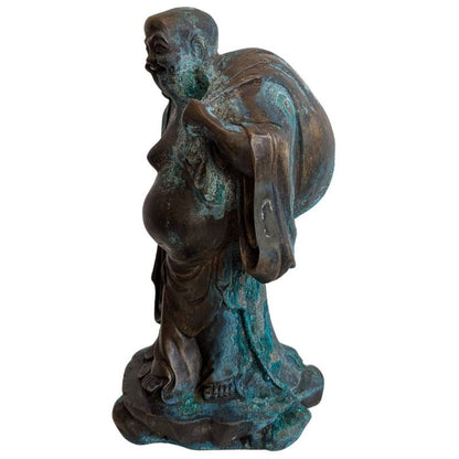 Lachender Buddha Bronze China mit Patina und Feuervergoldung Reste Budai Darstellung