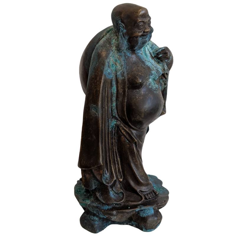 Lachender Buddha Budai aus China Bronze kompakte Figur mit natürlicher Patina