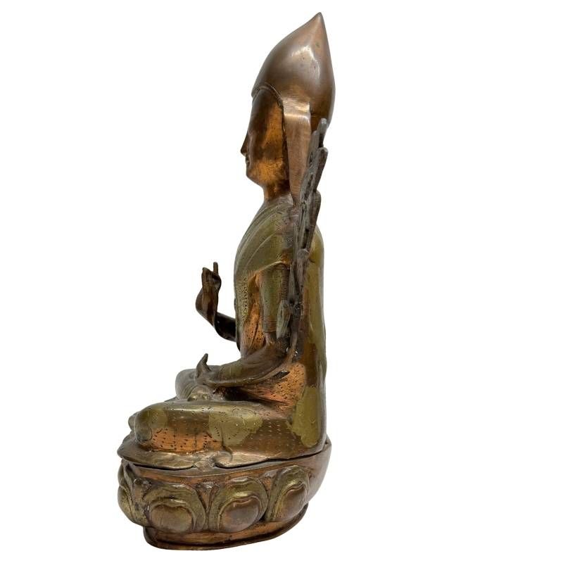 Antike feuervergoldete Bronze-Statue des Tsongkhapa Lama aus Ladakh, 18.-19. Jh., 40 cm hoch, 5 kg, Himalaya Sakralkunst