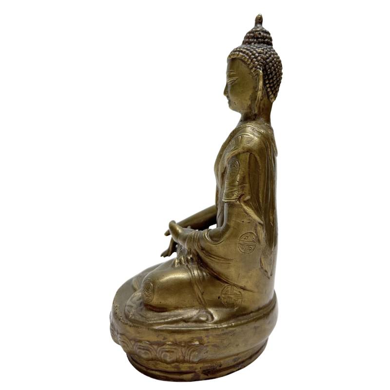 Antiker chinesischer Bronze-Buddha der späten Qing-Dynastie, Lot 458, mit detaillierter Shou-Dekoration auf dem Gewand, 20 cm hoch, 1,3 kg schwer, natürliche dunkle Patina und originale Gussspuren, 1stbuddha.