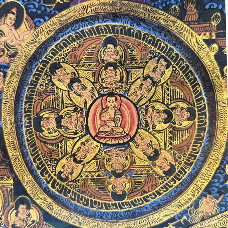 Großes Vajradhatu-Mandala Thangka mit 5 Dhyani Buddhas, Goldpigment auf Stoff, Nepal, 1stbuddha.