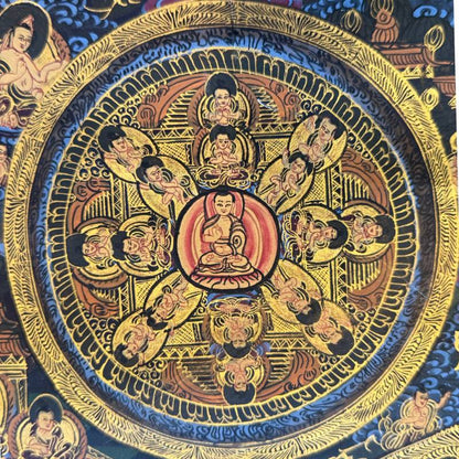 Großes Vajradhatu-Mandala Thangka mit 5 Dhyani Buddhas, Goldpigment auf Stoff, Nepal, 1stbuddha.