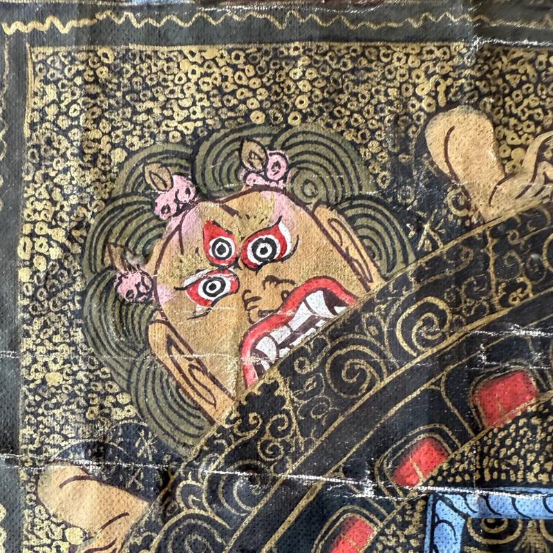 Handgemaltes Mandala-Thangka aus Nepal mit authentischer Patina, Pigment auf Stoff, rituelles Hilfsmittel für Meditation und Konzentration, 1stbuddha.