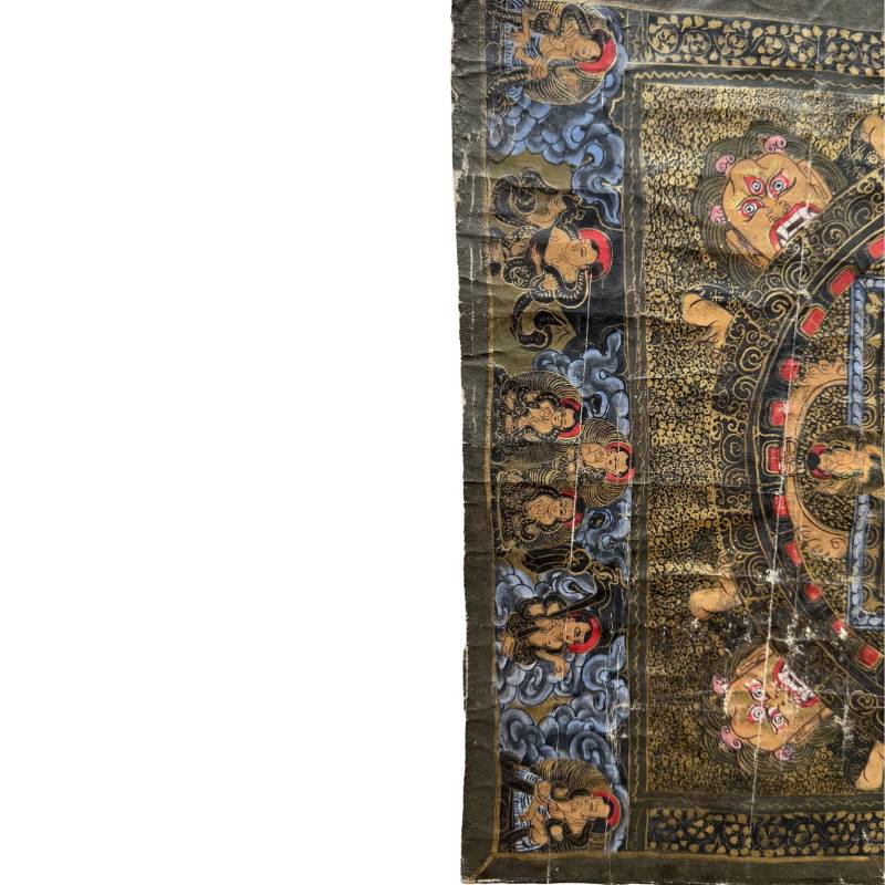 Handgemaltes Mandala-Thangka aus Nepal, natürliche Pigmente auf Stoff, rituelles Meditationsbild mit symmetrischer Ordnung und authentischer Alterspatina, 1stbuddha.