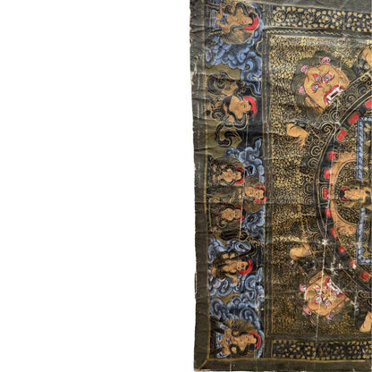Handgemaltes Mandala-Thangka aus Nepal, natürliche Pigmente auf Stoff, rituelles Meditationsbild mit symmetrischer Ordnung und authentischer Alterspatina, 1stbuddha.