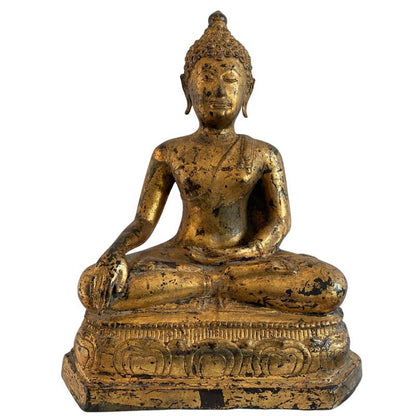 Birmanische Mandalay Buddha Statue aus Bronze mit Blattgold und originaler Oberfläche