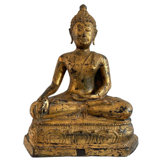 Birmanische Mandalay Buddha Statue aus Bronze mit Blattgold und originaler Oberfläche