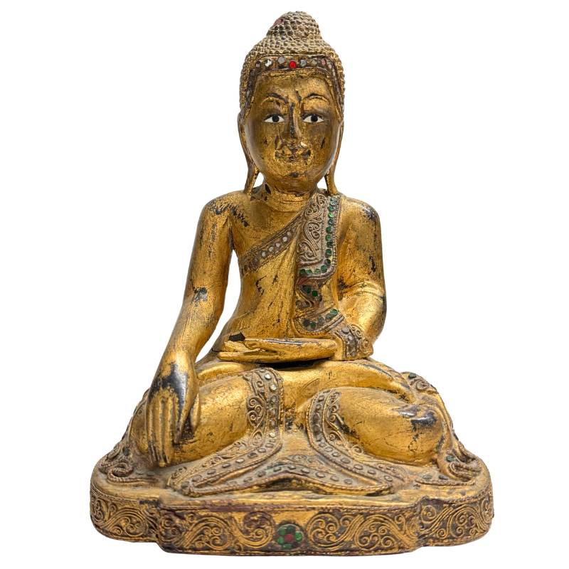 Antike Mandalay-Buddha Statue aus vergoldetem Hartholz, 27 cm hoch.