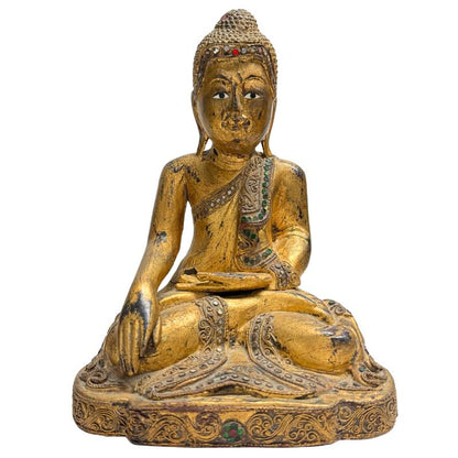 Antike Mandalay-Buddha Statue aus vergoldetem Hartholz, 27 cm hoch.