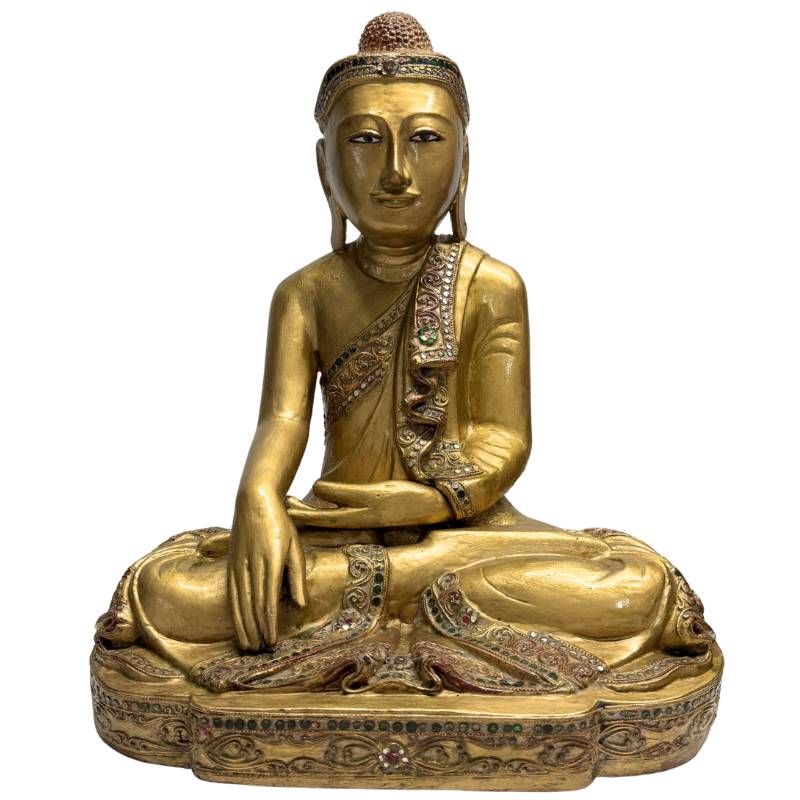 Antiker Mandalay-Buddha aus Myanmar, handgeschnitztes Hartholz mit Blattgold, 44 cm hoch.
