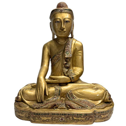 vergoldete holz buddha figur mit glaseinlage im mandalay stil