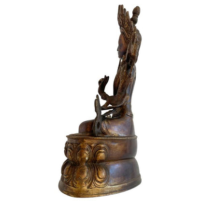 Antike Manjushri-Statue aus Tibet, handgegossene Bronze mit Restvergoldung und historischer Patina