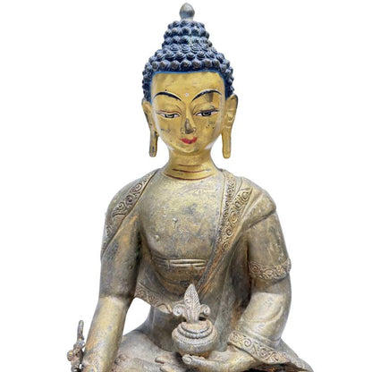 Antiker Medizin-Buddha aus Bronze, Lot 459, 33,5 cm, 3,4 kg, mit seltener originaler ritueller Bemalung der Augen und Lippen, Reste von Feuervergoldung, Himalaya-Sakralkunst, 1stbuddha.