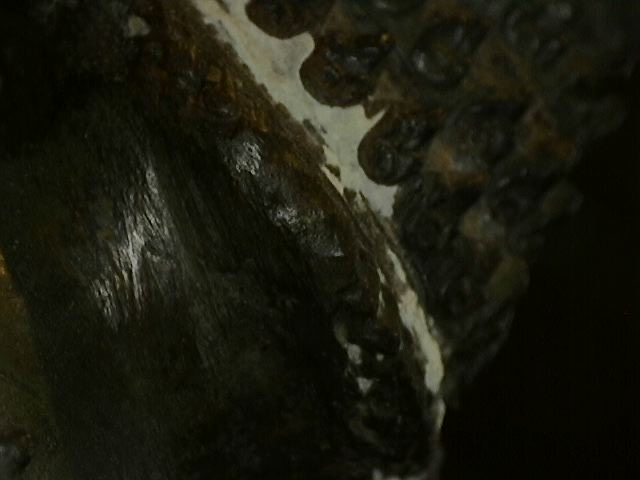 Mikroskopische Aufnahme der Korrosionsstrukturen einer thailändischen Bronze. Sichtbar sind mineralische Ausblühungen, interkristalline Korrosion und natürliche Patina-Schichten als Authentizitätsnachweis für antike Gusskunst, Lot 445, 1stbuddha.