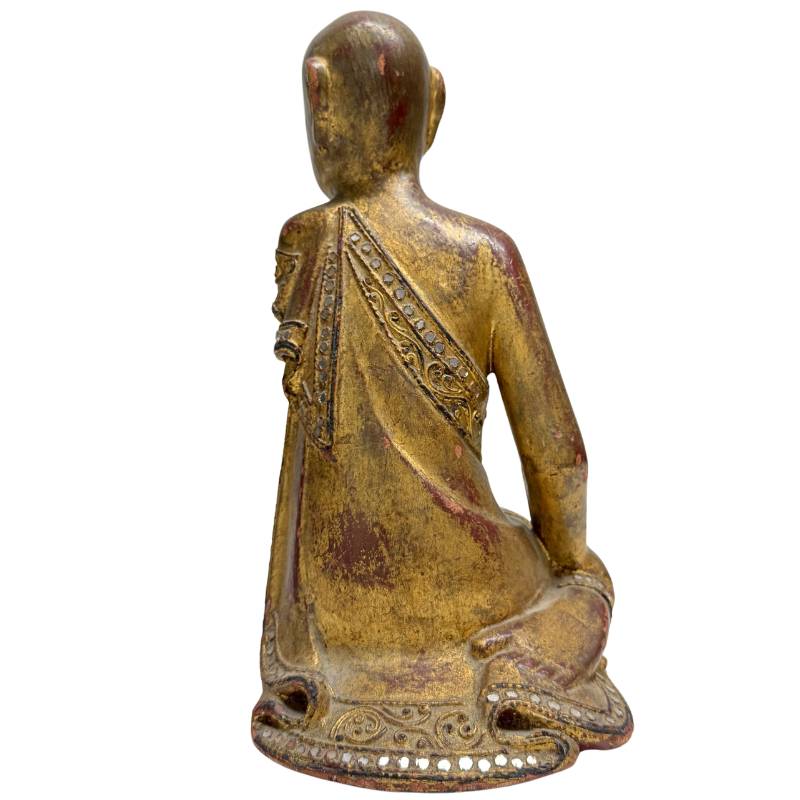 Buddhistische Mönchsstatue aus Myanmar aus Holz mit Blattvergoldung
