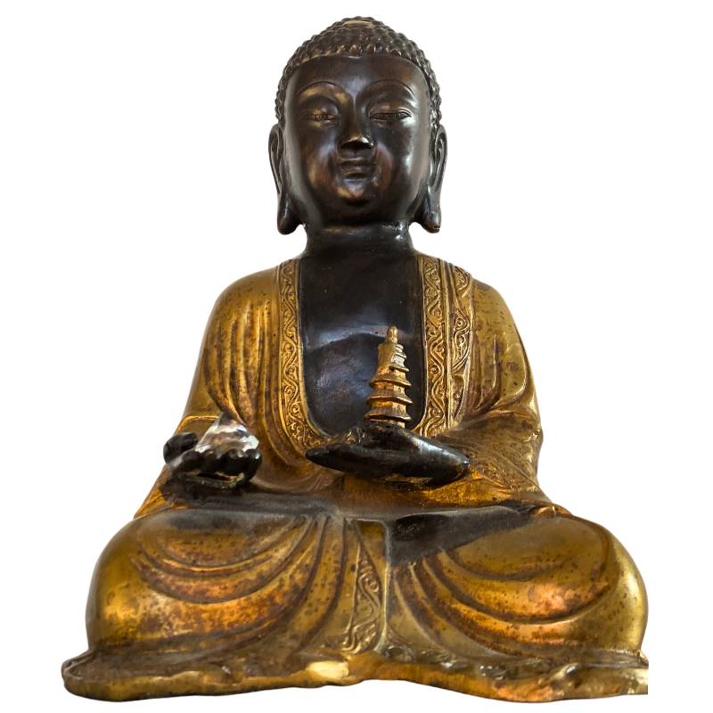 Antiker Nepal Amitabha Buddha aus Bronze mit Stupa und Kristall in Meditationshaltung