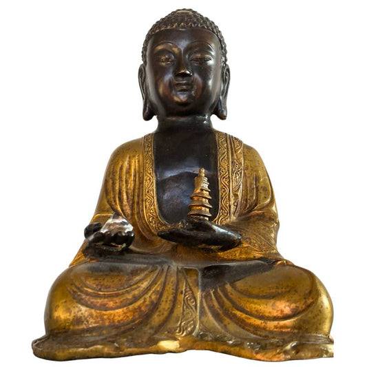 Antiker Nepal Amitabha Buddha aus Bronze mit Stupa und Kristall in Meditationshaltung