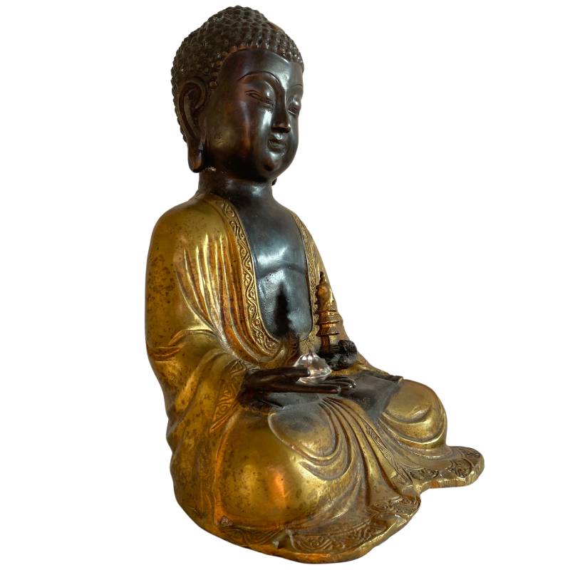 Nepalesischer Bronze-Buddha mit Vergoldung und Patina Detailansicht