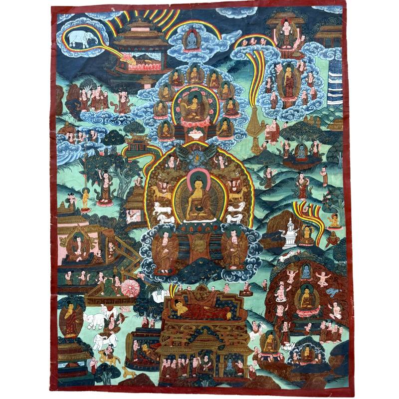 Erzählendes Buddha-Thangka aus Nepal, handgemalt mit Pigmenten auf Stoff, Szenen aus dem Leben Shakyamunis, Kathmandu-Tal, 1stbuddha.