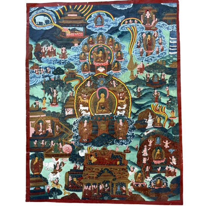 Erzählendes Buddha-Thangka aus Nepal, handgemalt mit Pigmenten auf Stoff, Szenen aus dem Leben Shakyamunis, Kathmandu-Tal, 1stbuddha.