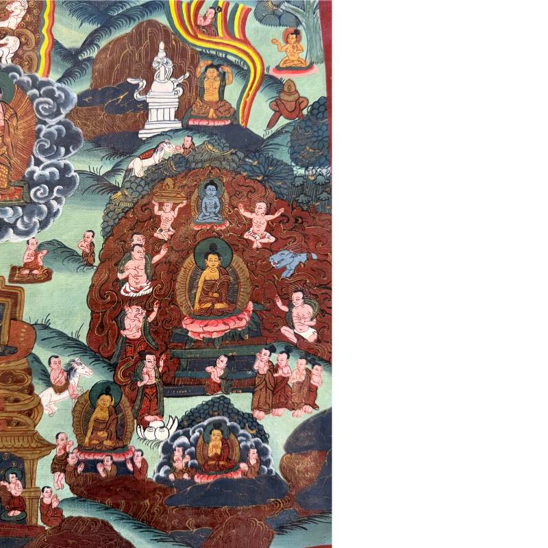 Erzählendes Buddha-Thangka aus Nepal, handgemaltes Meditationsbild mit Szenen aus dem Leben Shakyamunis, Kathmandu-Tal, 1stbuddha.