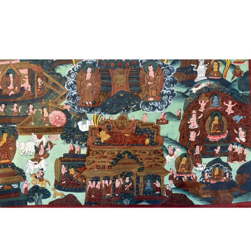 Handgemaltes Buddha-Thangka aus Kathmandu, Nepal, Szenen aus dem Leben Shakyamunis, Pigment auf Stoff, 1stbuddha.