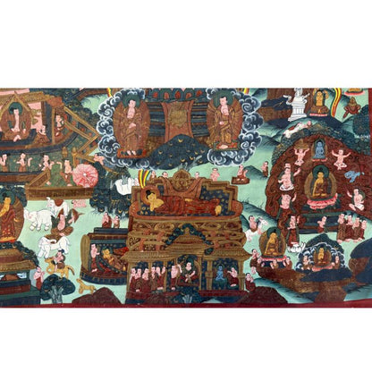 Handgemaltes Buddha-Thangka aus Kathmandu, Nepal, Szenen aus dem Leben Shakyamunis, Pigment auf Stoff, 1stbuddha.