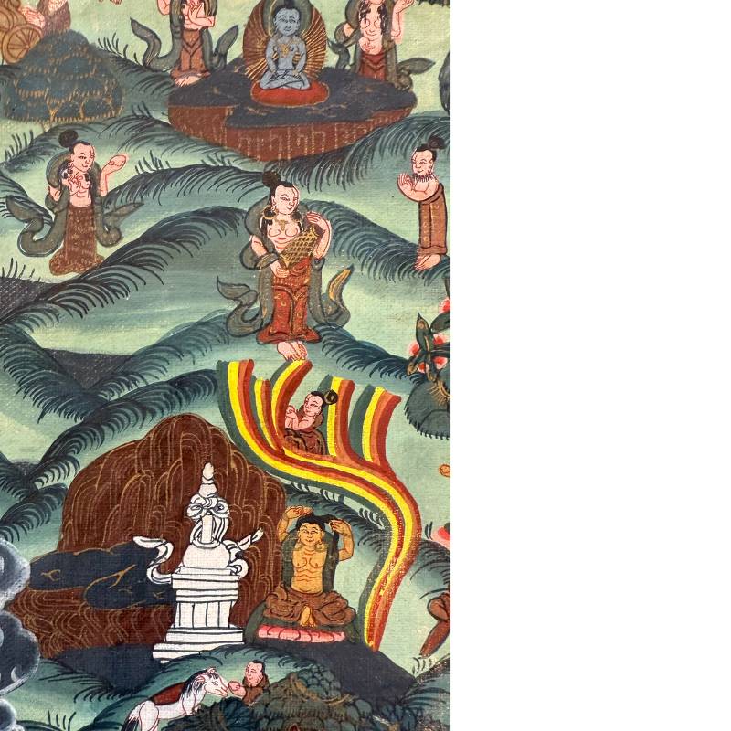 Erzählendes Buddha-Thangka aus dem Kathmandu-Tal, Nepal, handgemalte Lebensszenen mit Pigmenten auf Stoff, 1stbuddha.