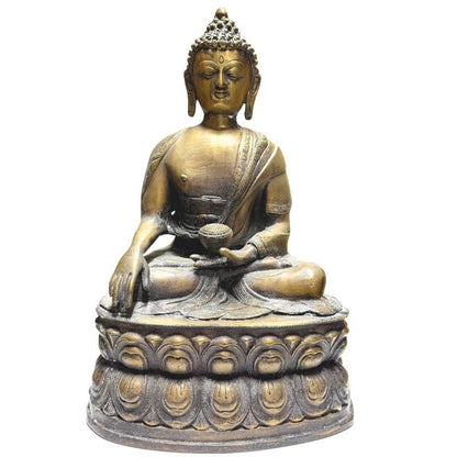 Antike nepalesische Buddha-Statue auf doppelter Lotusbasis, feuervergoldete Bronze, 41 cm Höhe, 6,3 kg Gewicht, 18.-19. Jahrhundert, schwere Newar-Gussqualität, Lot 423.