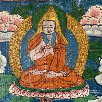 Authentische nepalesische Thangka, religiöse Mandala-Malerei auf Stoff mit Exportstempel und ritueller Patina, 1stbuddha.