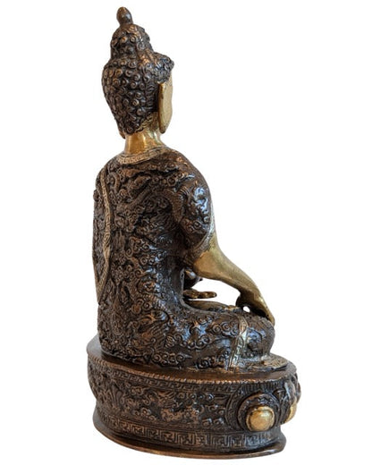 nepalesischer buddha bhumisparsha mudra bronze skulptur patina goldreste