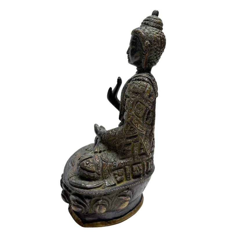 Paar nepalesische Buddha-Statuen aus feuervergoldeter Bronze, Abhaya Mudra, Lot 457, frühes 20. Jahrhundert, Patan Newar-Stil, 18,5 cm hoch, 3,2 kg schweres Set, authentische Patina, 1stbuddha.
