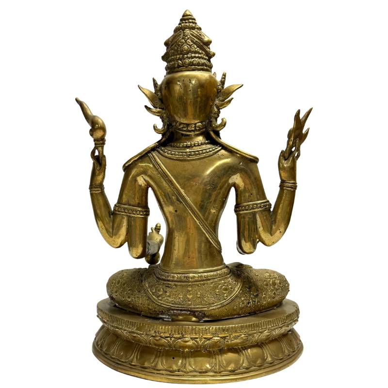 Antiker Newar-Bronze-Avalokiteshvara aus Nepal mit natürlicher Patina, Lot 444 bei 1stbuddha, 18.–19. Jahrhundert, vierarmiger Bodhisattva (4,4 kg) mit Resten von Feuervergoldung und rituellen Abnutzungsspuren, 34,5 cm hoch.